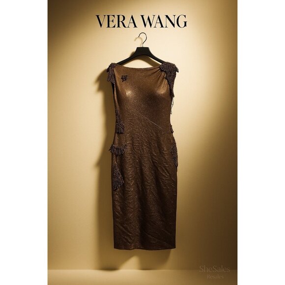 Vera Wang Collection Bronze Shimmer Beaded Silk Dress Sz 4 Runway Sample $1895 - Picture 1 of 16